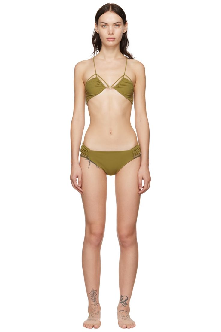 SSENSE Exclusive Khaki Bikini by Nensi Dojaka on Sale Beach Triangle Halter Top With Knotted Straps, Summer Swimwear With Cross-tied Strappy Back, Cross-tied Swimwear With Strappy Back For Summer, Knotted Straps Triangle Halter Top For Beach, Fitted Halter Top With Knotted Straps For Beach, Cross-tied Triangle Top Halter For Poolside, Strappy Swimwear With Knotted Straps, Beach Halter Top With Knotted Straps, Strappy Swimwear With Knotted Straps For Beach