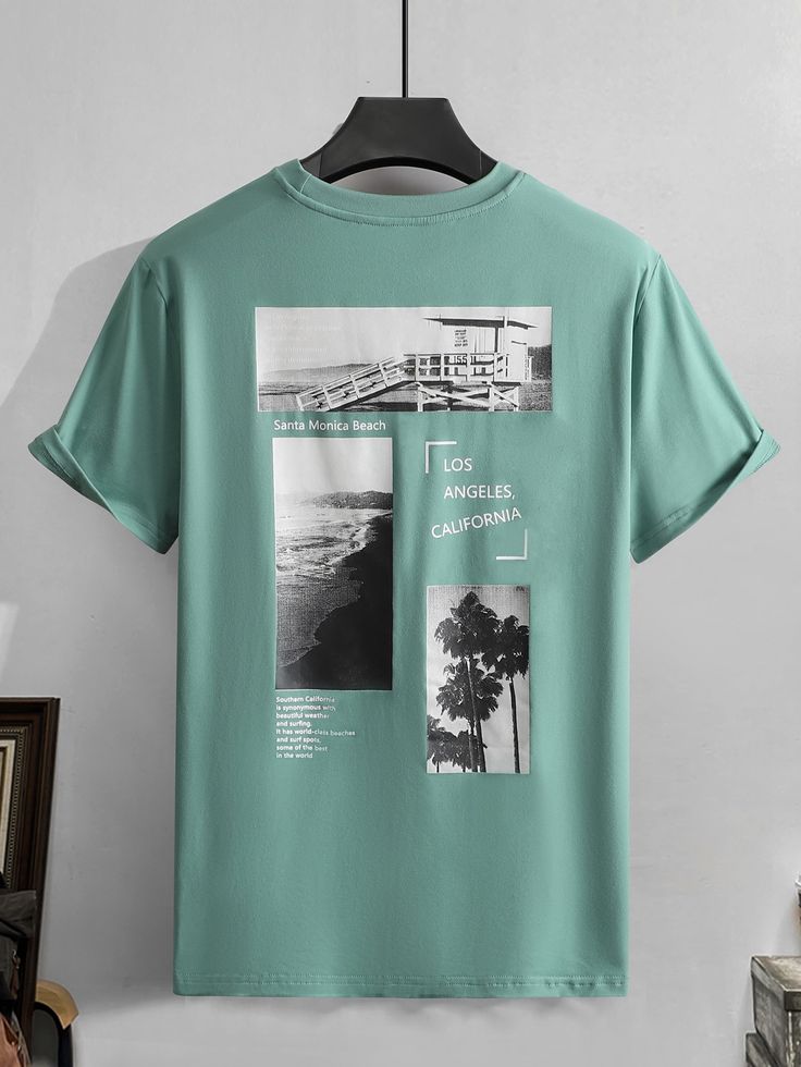 Mint Green Casual Collar Short Sleeve Fabric Graphic,Slogan  Embellished Slight Stretch Summer Men Tops Los Angeles Beaches, Santa Monica Beach, Green Tshirt, Men Tops, Summer Boy, Tshirt Design, Print Tee, Summer Tshirts, Print Pictures