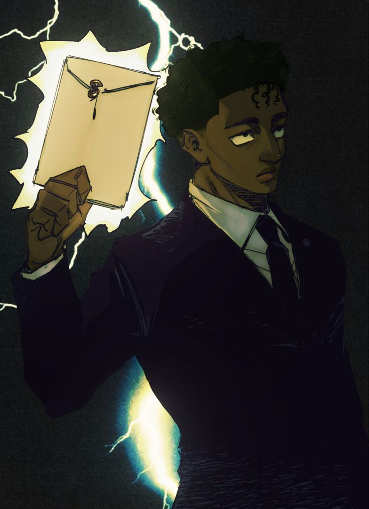 a man in a suit and tie holding up a piece of paper with lightning behind him