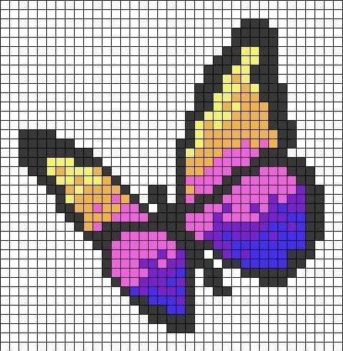 a cross stitch pattern with a purple and yellow butterfly on it's back side