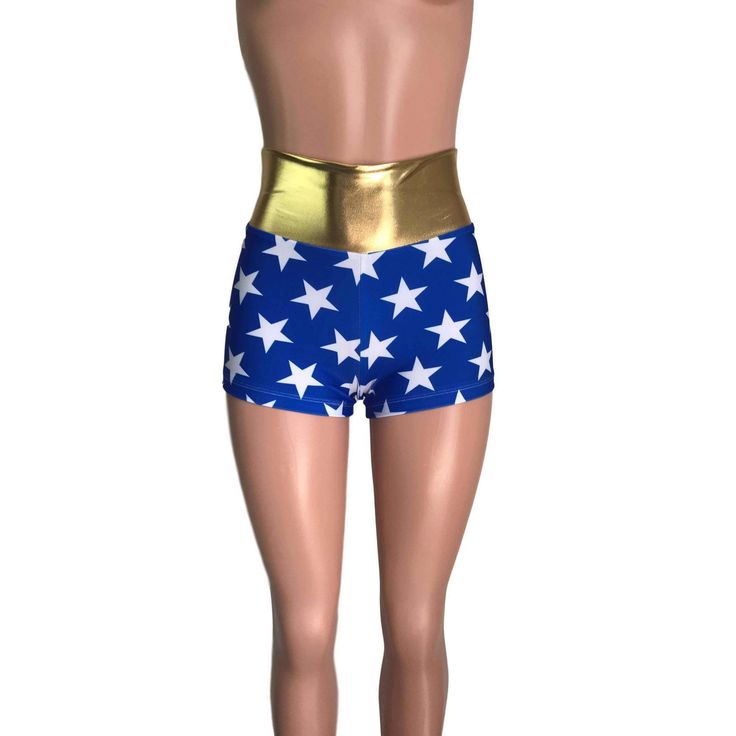 Stretchy spandex Wonder Woman high-waisted short booty shorts with metallic gold waistband. The fabric is high-quality spandex and will move with you - but thick enough to be flattering. The inseam is 2.5" - but if you'd like it shorter or longer, please say so in the comments. Perfect for your Wonder Woman Costume. Woman Costume, Womens High Waisted Shorts, Wonder Woman Costume, Dress Up Day, Roller Derby, Rave Wear, Metallic Gold, Wonder Woman, Dress Up