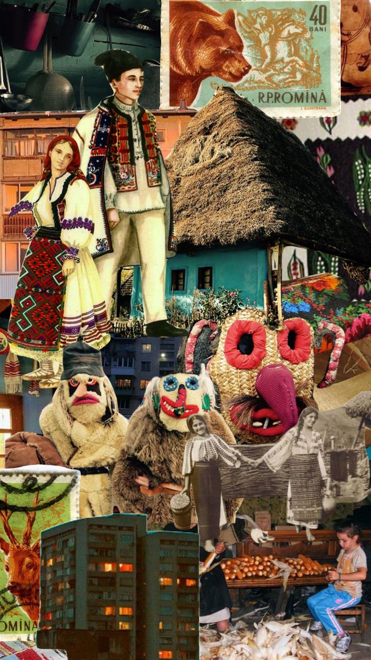 collage of people dressed up in costumes and masks with buildings, trees, and other items