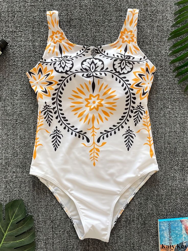 Katykey - Womens Allover Print Round Neck One Piece Swimsuit with Tummy Control and Sleeveless Padding - Stylish Beach Pool Bathing Suit, Ideal for Swimwear & Clothing White Sleeveless Tankini For Beach Season, White One-piece Tankini For Beach Season, White Sleeveless Tankini For Beach Party, White Sleeveless Summer Tankini, Casual White One-piece Tankini, Printed Sleeveless Tankini For Beach Party, White One-piece Summer Tankini, Printed Sleeveless One-piece For The Pool, Orange Sleeveless Bodysuit For Summer