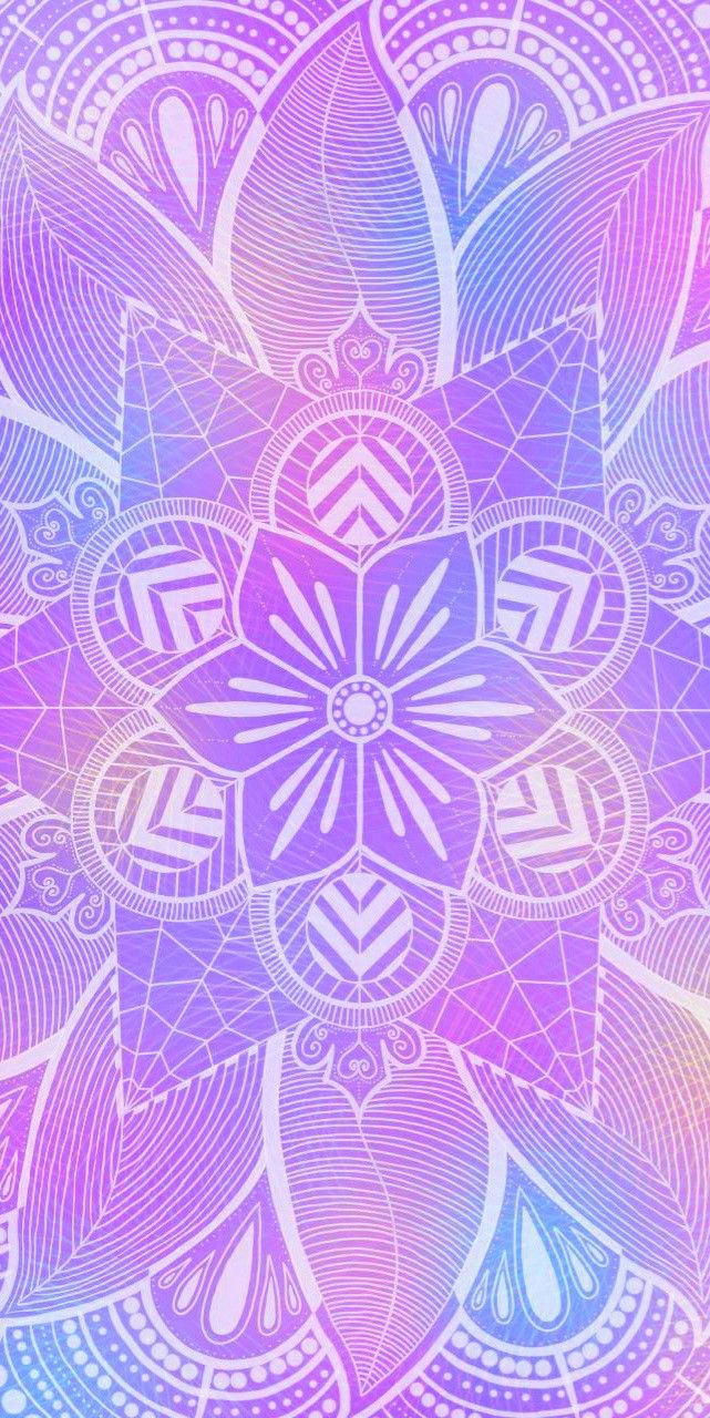 an abstract purple and blue flower design on a pink, yellow, and white background