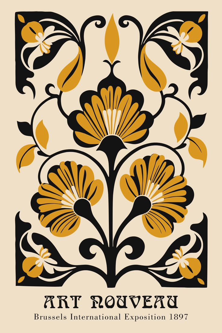 an art nouveau poster with yellow and black flowers