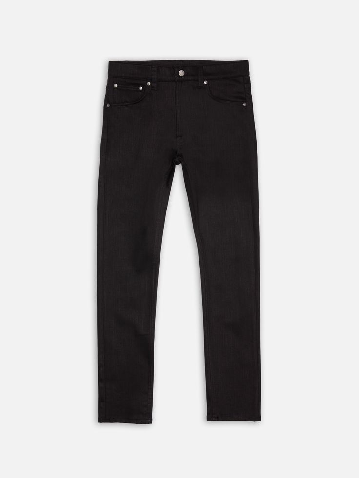 Pitch black jeans made in dry comfort stretch denim that stays black. Our Everblack fabric is made to maintain its color for as long as possible, withstanding 40, or more washes without any significant loss of color. If you are looking for a pair of pitch-black jeans that do not fade this is the way to go.    Keen on knowing what differentiates Everblack from other black denim?   Normally, when denim is dyed part of the dye will absorb in the cotton fibers while the rest remains bound only to the surface of the yarns. This is what gives denim its aging property that in many cases is sought after. However, when it comes to black jeans this is not always the case which is why we developed the Everblack denim. The technical difference between Everblack and regular black denim is that it utili Modern Black Straight Jeans, Black Selvedge Jeans With Straight Hem, Black Mid-rise Modern Jeans, Modern Black Mid-rise Jeans, Straight Black Jeans With Five Pockets, Modern Black Jeans With Straight Hem, Black Straight Jeans With Five Pockets, Modern Black Bottoms With Five Pockets, Black Jeans With Straight Hem For Streetwear