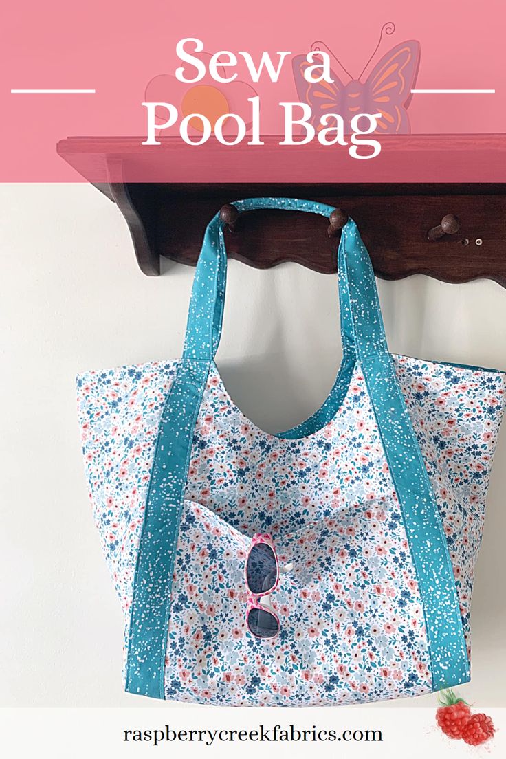 a blue and white bag hanging from a hook on a wall with text overlay saying sew a pool bag