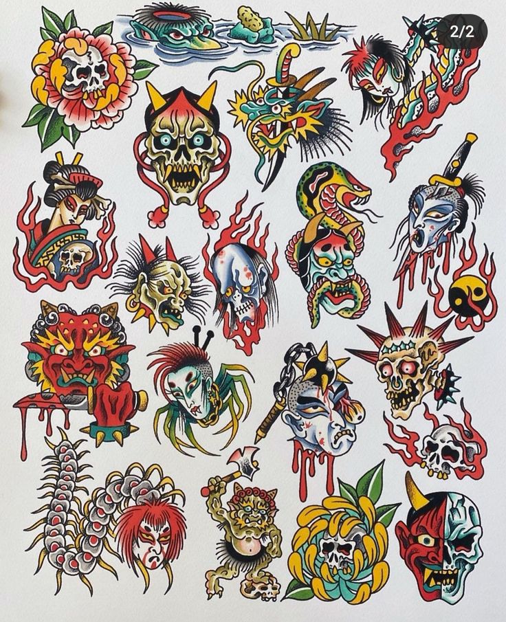 a bunch of different colored tattoos on a piece of paper with black border around it