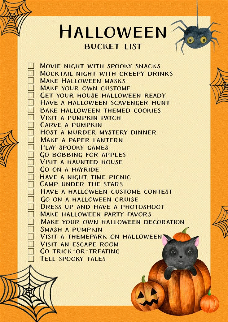 a halloween bucket list with pumpkins and spider