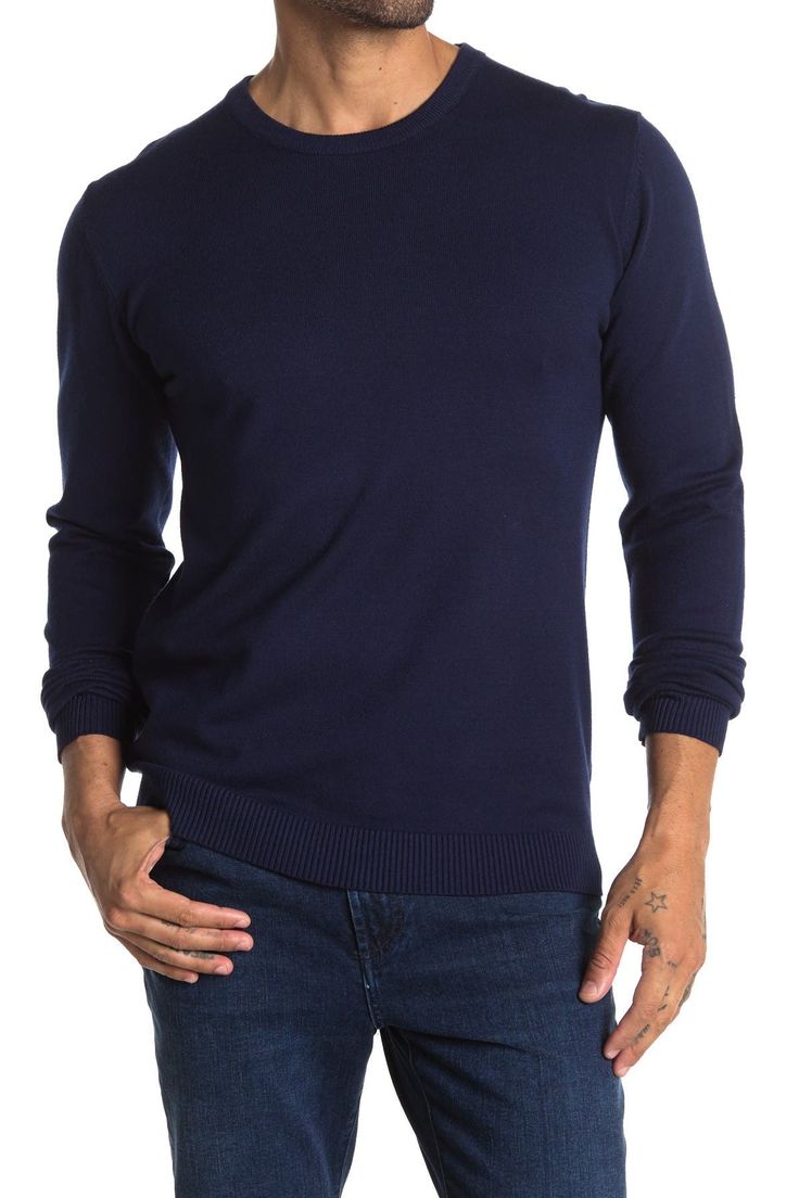 Pair this pullover sweater with any item in your closet for semi-casual style.Fit: this style fits true to size.- Crew neck- Long sleeves- Ribbed knit construction- Solid colorway- Approx. 28" length (size M)- Imported. Dry clean 50% nylon, 30% viscose, 20% polyester Turtleneck Sweater With Ribbed Neckline For Layering, Layering Turtleneck Sweater With Ribbed Neckline, Knit V-neck Long Sleeve Sweater, Solid Color Crew Neck Knit Sweater, Solid Crew Neck Knit Sweater, Stretch Textured Knit Turtleneck Sweater, Solid Color Crew Sweater With Ribbed Neckline, Solid Crew Sweater With Ribbed Neckline, Crew Neck Sweater With Ribbed Neckline