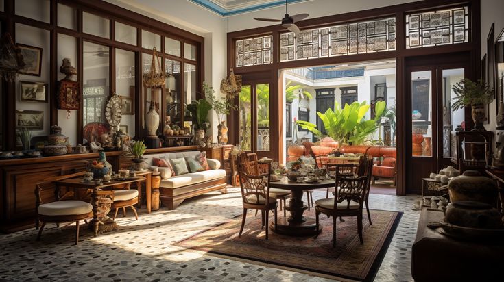 a living room filled with lots of furniture and plants on top of it's windows