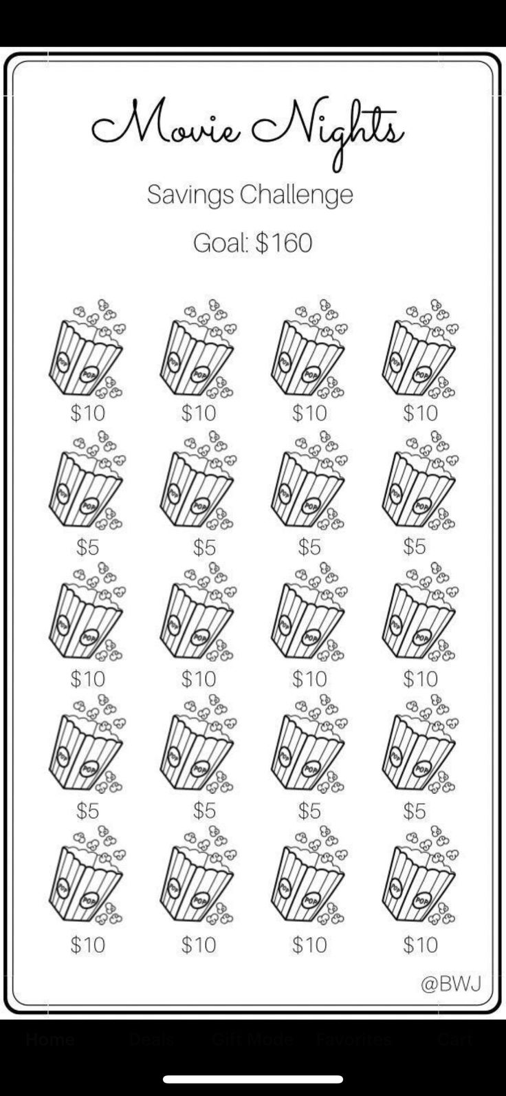 the movie nights savings challenge is shown in black and white, with numbers on each side