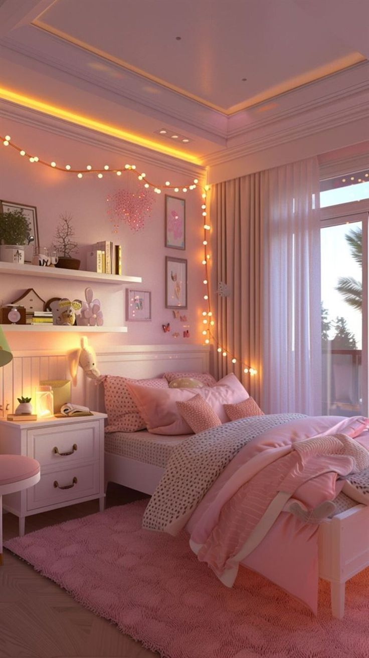 a bedroom decorated in pink and white with fairy lights