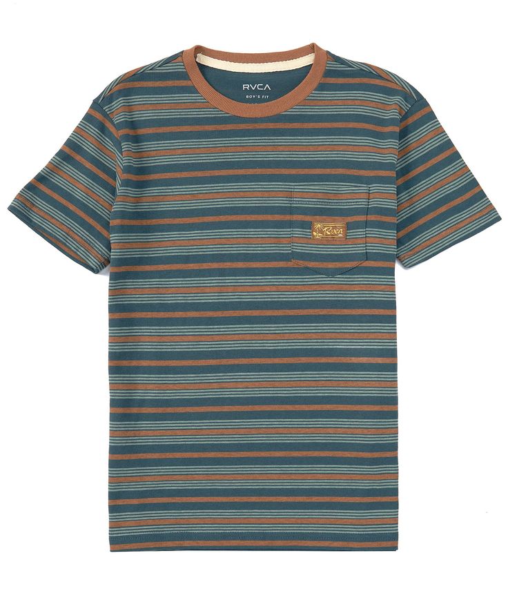 From RVCA, this T-shirt features:Allover stripe patternCrew necklineShort sleevesPatch pocket with woven logo label on the left side of chestStraight hemPullover construction CottonMachine wash/tumble dryImported. Multicolor Horizontal Stripe Summer Tops, Green Horizontal Stripe Summer Top, Surfer Boy, Guy Fits, Skate Wear, Mens Stripes, Boys Graphic Tee, Urban Wear, Boys Shirts