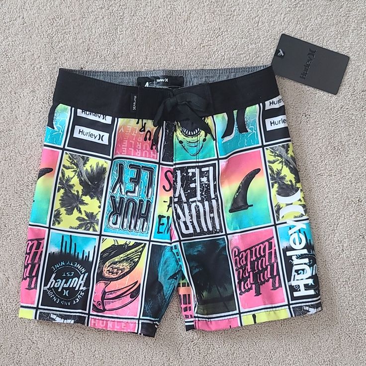 New With Tags Hurley Boys Swim Board Shorts Size 4. Comes From A Smoke Free Home Playful Black Bottoms For The Beach, Casual Graphic Print Bottoms For Playwear, Printed Multicolor Surfing Bottoms, Playful Black Beach Shorts, Multicolor Printed Bottoms For Surfing, Trendy Multicolor Playwear Bottoms, Multicolor Bottoms For Spring Surfing, Multicolor Short Bottoms For Playwear, Casual Pink Bottoms For Surfing