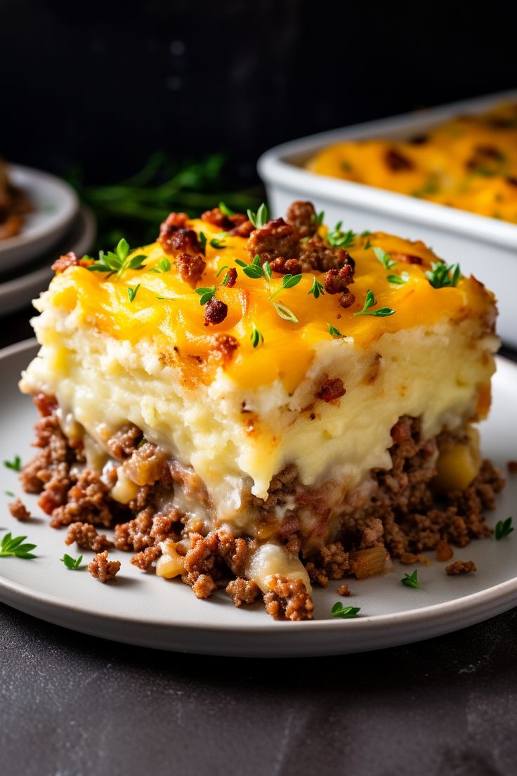 a piece of meat and cheese casserole on a plate