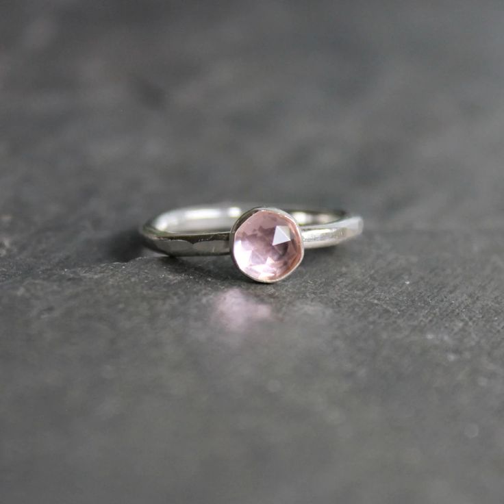 Sterling Silver Pale Pink Morganite Stacking Ring – AccentYourself Everyday Stackable Rose Gold Birthstone Ring, Everyday Rose Gold Gemstone Rings, Pink Sterling Silver Crystal Ring With Gem, Everyday Rose Gold Stackable Birthstone Rings, Minimalist Faceted Promise Ring, Pink Birthstone Ring With Round Band, Pink Birthstone Jewelry For Everyday, Everyday Pink Birthstone Jewelry, Pink Solitaire Dainty Jewelry