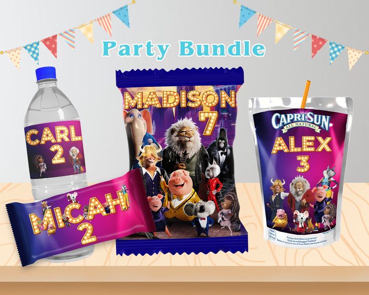 the party bundle includes two packs of soda and one bag of candy