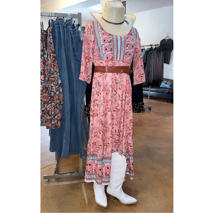 Talk About A Classic Look! This Lightweight Floral Dress Is The True Picture Of Classic Western Style. This Dress Is So Simple, Yet Elegant Beyond Belief! You Will Feel Comfortable Walking The Mall Or Out On The Town. Don't Let This One Get Away! Fitted Boho Print Dress For Brunch, Fitted Boho Dress With Boho Print For Brunch, Casual Flowy Maxi Dress With 3/4 Sleeve, Spring Boho Print Dress With 3/4 Sleeves, Boho Print Spring Dress With 3/4 Sleeves, Spring Dresses With Boho Print And 3/4 Sleeves, Casual Boho Print Dresses With 3/4 Sleeve, Spring Fitted Boho Printed Dress, Fitted Printed Boho Dress For Spring