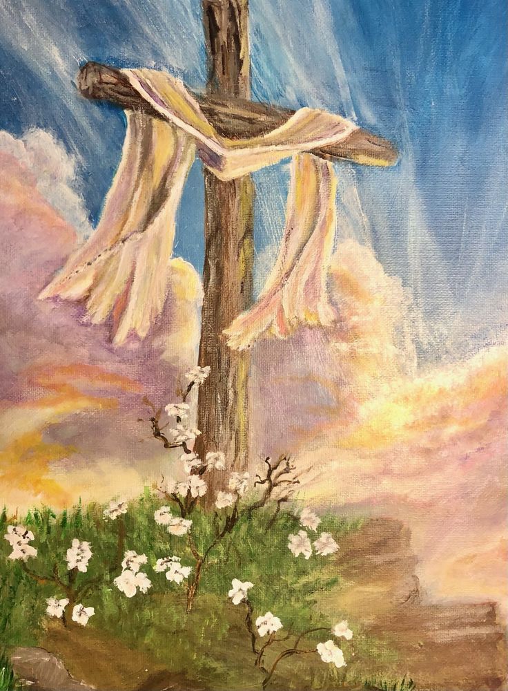 a painting of a cross with white flowers on the ground and clouds in the background