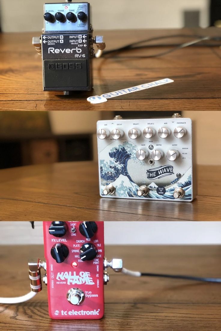 three different types of pedals sitting on top of a wooden table next to each other