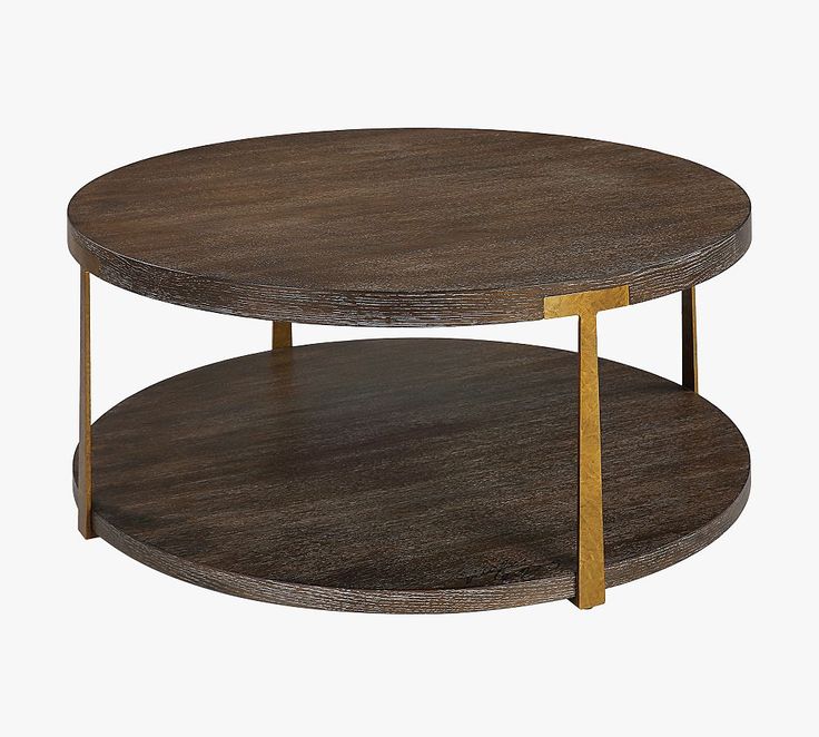 a round wooden table with two metal legs and a wood shelf on the bottom that holds a coffee table