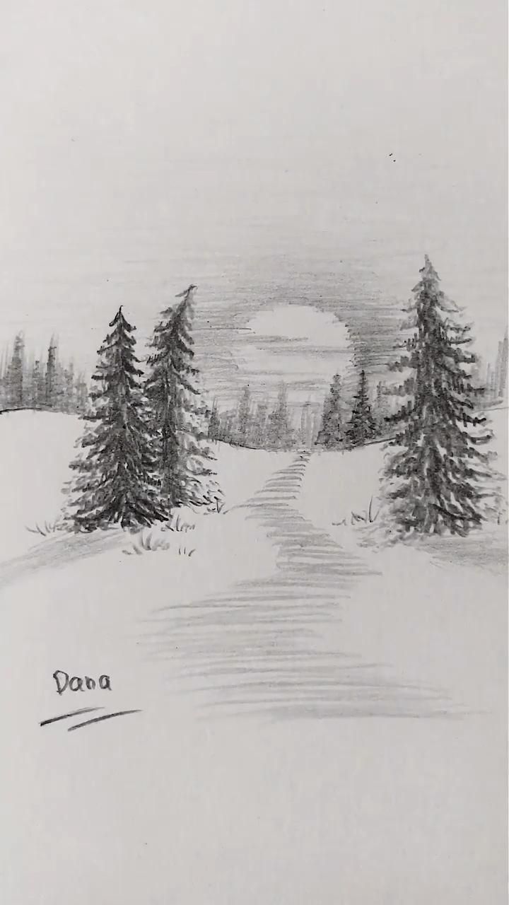 a pencil drawing of trees in the snow with a road going through it and an arch