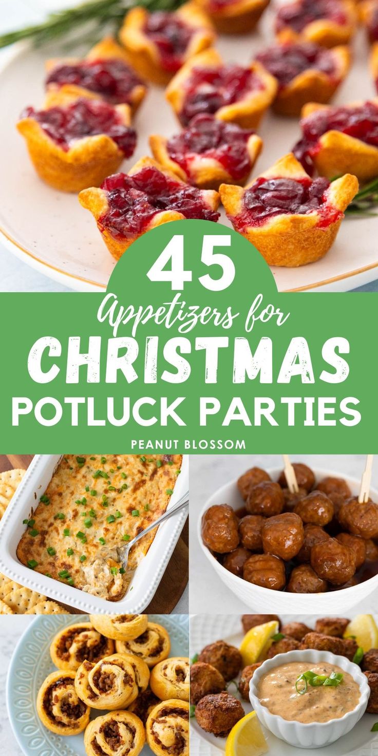 christmas potluck party food and appetizers with text overlay