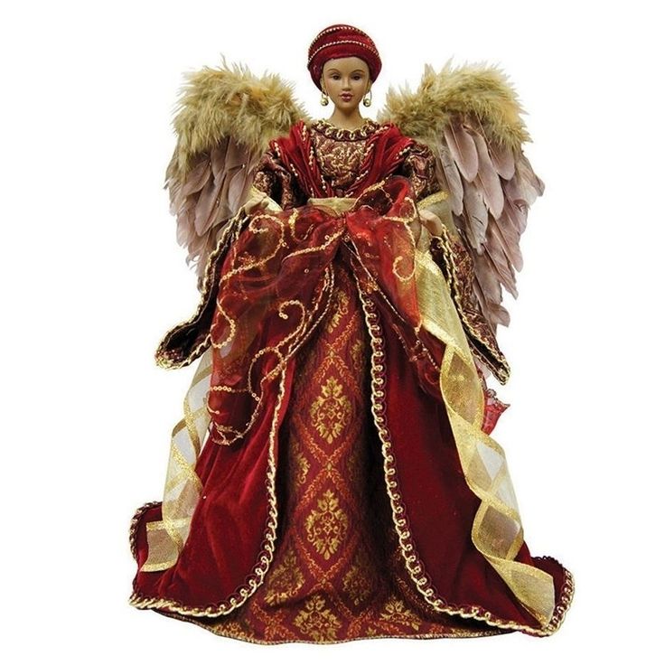 an angel figurine with red and gold accents