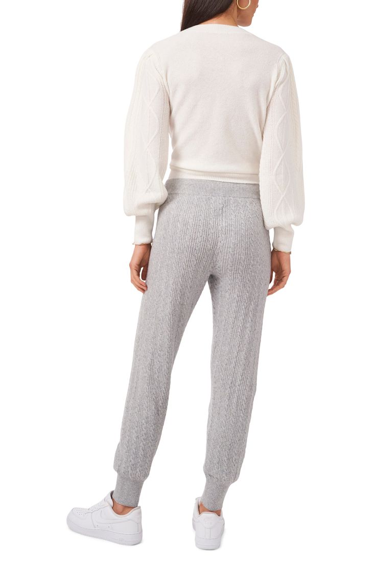 A supersoft cable knit elevates a pair of joggers that are comfy enough for lounging and stylish enough for a coffee date with friends. 27" inseam; 7" leg opening; 10" front rise; 13 1/2" back rise (size X-Large) Elastic/drawstring waist 55% cotton, 26% polyester, 11% nylon, 5% merino wool, 3% spandex Hand wash, dry flat Imported Women's Clothing Cozy Cable Knit Bottoms For Loungewear, Cozy Cable Knit Loungewear Bottoms, Knit Bottoms With Ribbed Cuffs For Loungewear, Cable Knit Bottoms For Fall Loungewear, Cable Knit Loungewear Bottoms, Cozy Cable Knit Bottoms, Coffee Date With Friends, Date With Friends, Knit Joggers