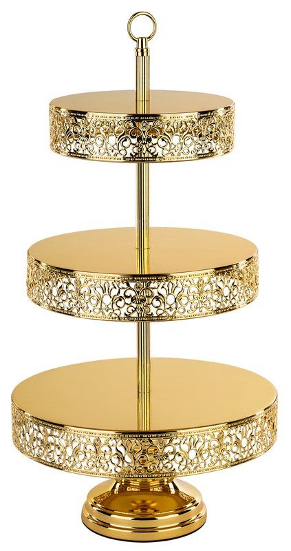 three tiered cake stand with gold filigrees