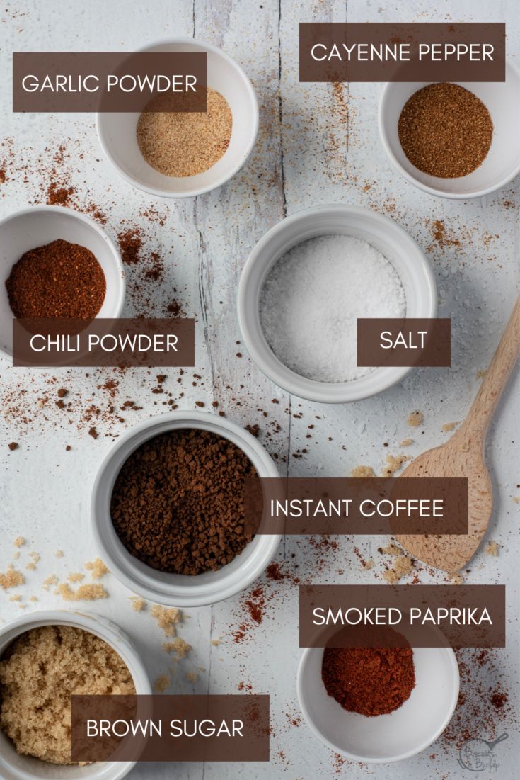 different types of spices in white bowls and spoons with labeled ingredients on the side