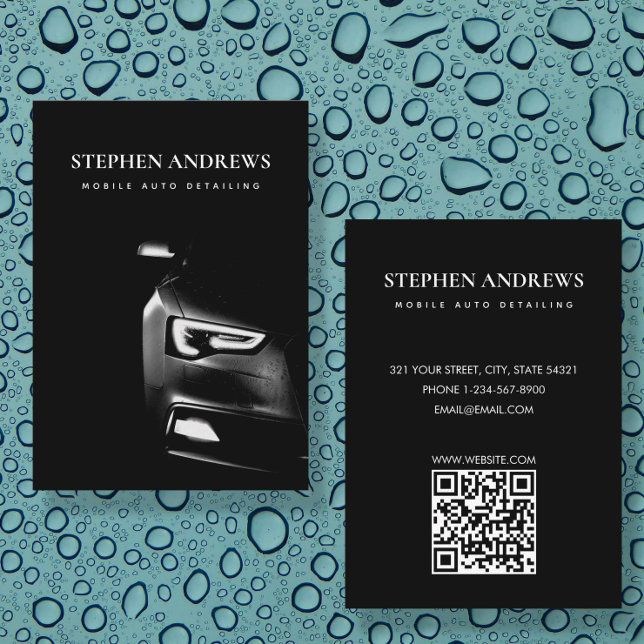 a business card with water drops on it and a qr code for stephen andrews