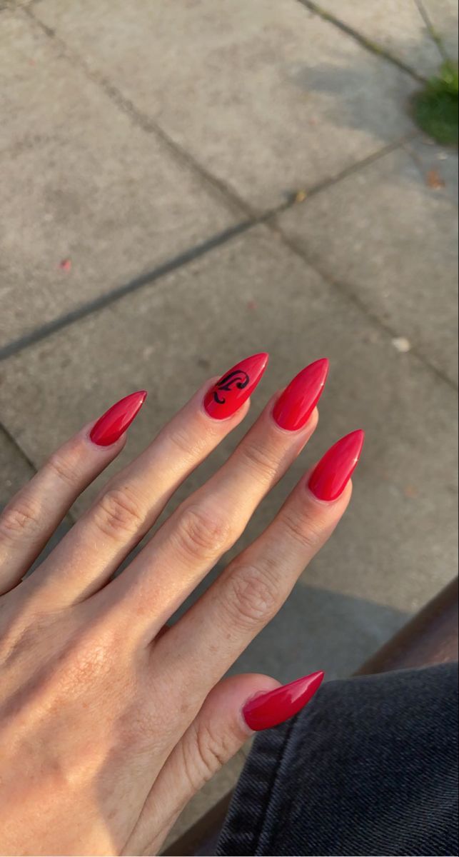 Stiletto Nails With Initials, Nails Boyfriend Initial, Red Nails With Initials, Cherry Nails Almond, 2023 Red Nails, Nails With J Initial, Initial Nails Boyfriend, J Initial Nails, Nails With Boyfriends Initials