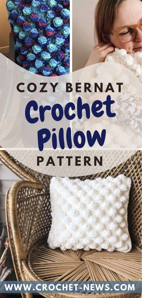 crochet pillow pattern with text overlay that reads cozy bernat crochet pillow pattern