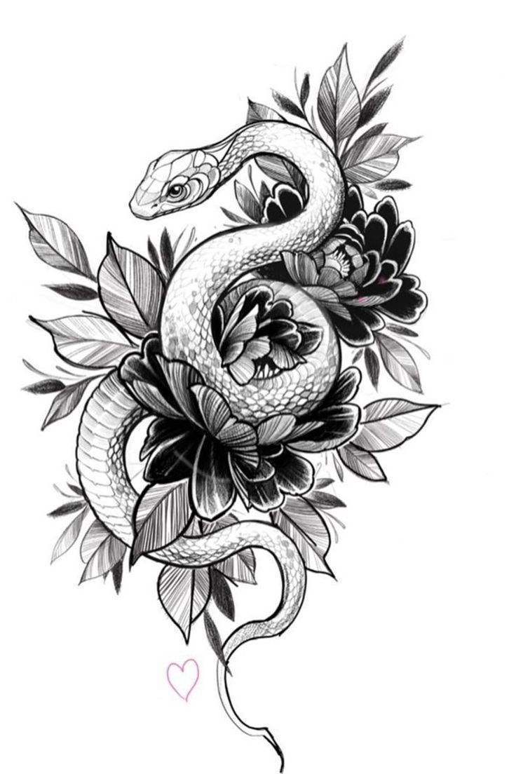 a drawing of a snake and flowers on a white background