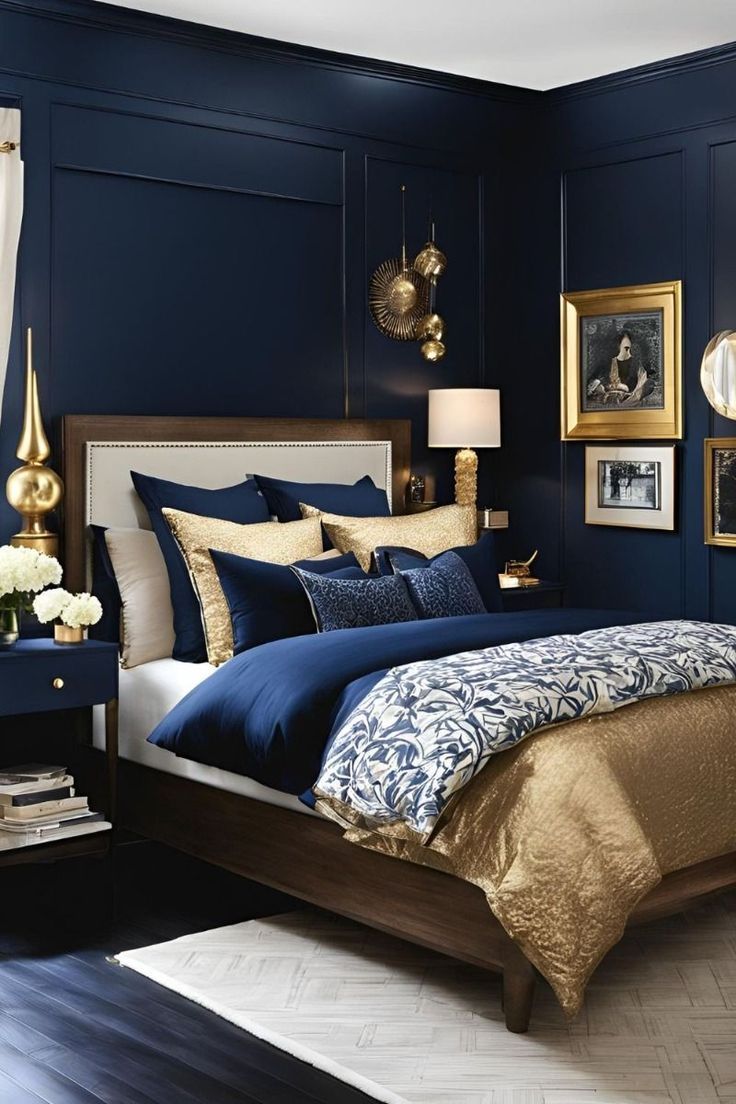 a blue and gold bedroom with pictures on the wall above the bed, along with an upholstered headboard