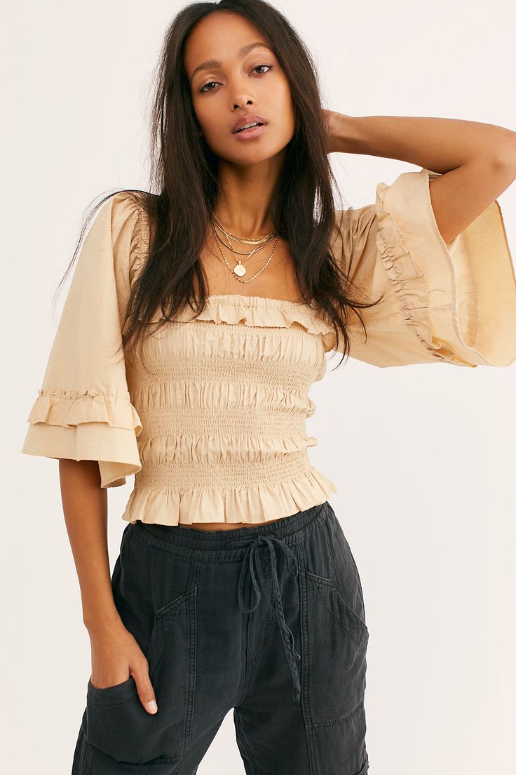 Shirred Perfection Top | Free People Senior Trip Outfits, Shirred Blouse, Dresses Sundresses, Shirred Top, Fun Heels, Trip Outfits, Free People Store, Square Neck Top, Top 40