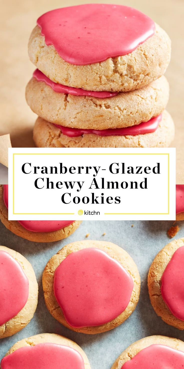 cranberry glazed chewy almond cookies are stacked on top of each other with pink icing