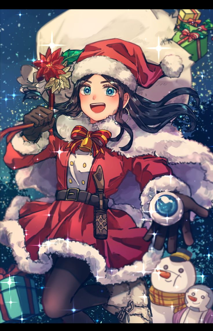 a girl dressed as santa clause with presents in her hand and snowman behind her