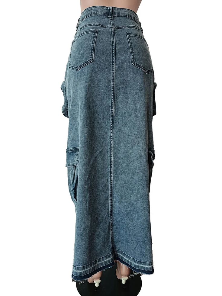 Denim Cargo Maxi Skirt with Multi Pockets combines functionality with style. With multiple pockets, it offers convenient storage options for your essentials. The split design adds a touch of flair to your outfit. Stay organized and look trendy in this versatile denim skirt. Summer Cargo Skirt With Pockets In Medium Wash, High Waist Denim Cargo Skirt, Dark Wash Summer Cargo Skirt With Pockets, High Waist Denim Skirt With Pockets For Streetwear, Summer Dark Wash Cargo Skirt With Pockets, Utility Style Medium Wash Denim Skirt, Denim Cargo Skirt With Utility Style, Streetwear Denim Skirt With Pockets, Utility Denim Blue Skirt With Pockets