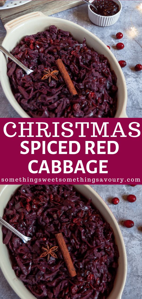 christmas spiced cabbage in a white bowl with cinnamon sticks on top and the words, christmas