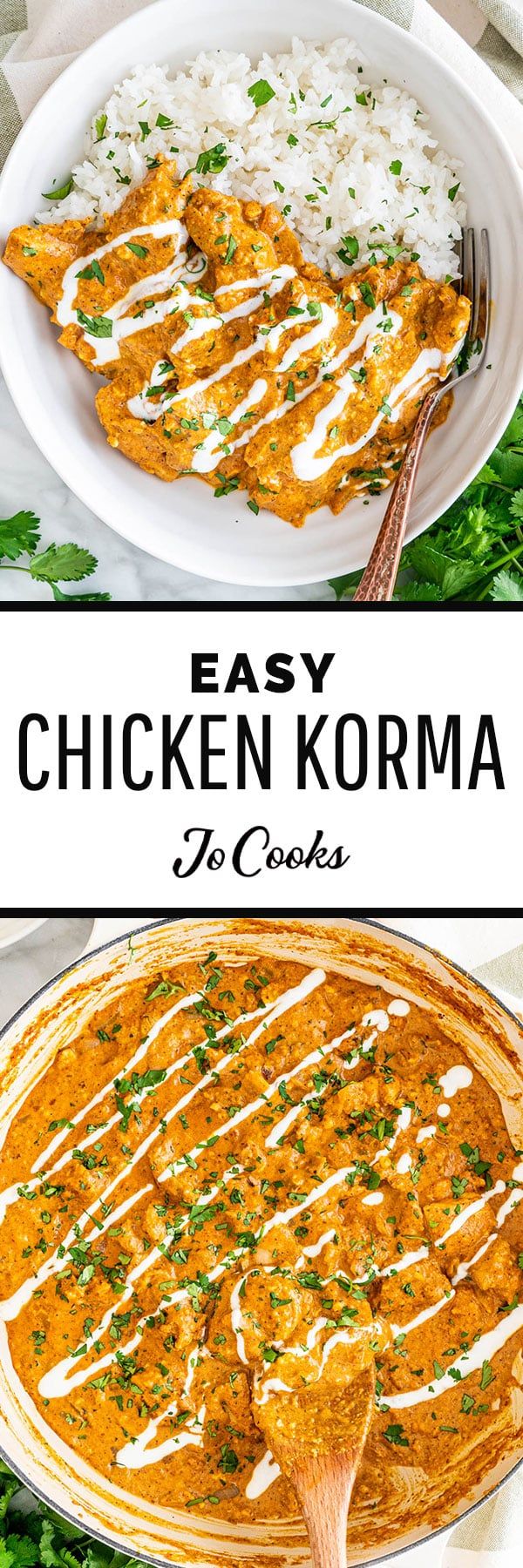 easy chicken korma in a casserole dish with rice and cilantro