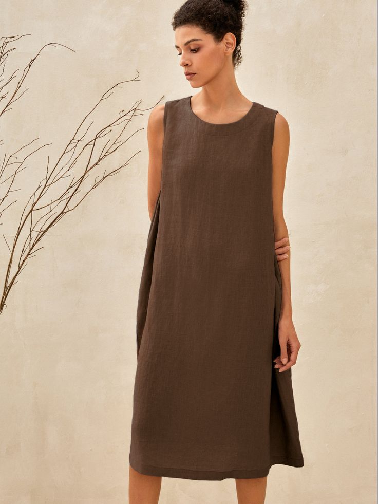 Sienna Linen Lightweight Sleeveless Dress Brown Sleeveless Beach Dress, Sleeveless Brown Summer Dress, Sleeveless Brown Dress For Summer, Casual Sleeveless Shift Maxi Dress, Sleeveless Beach Midi Dress, Chic Sleeveless Linen Sundress, Fitted Sleeveless Linen Dress Casual, Casual Fitted Sleeveless Linen Dress, Sleeveless Spring Maxi Dress