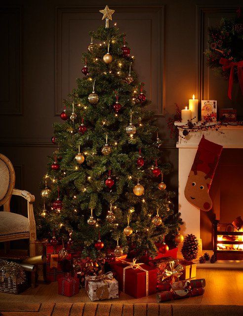 a decorated christmas tree in front of a fireplace