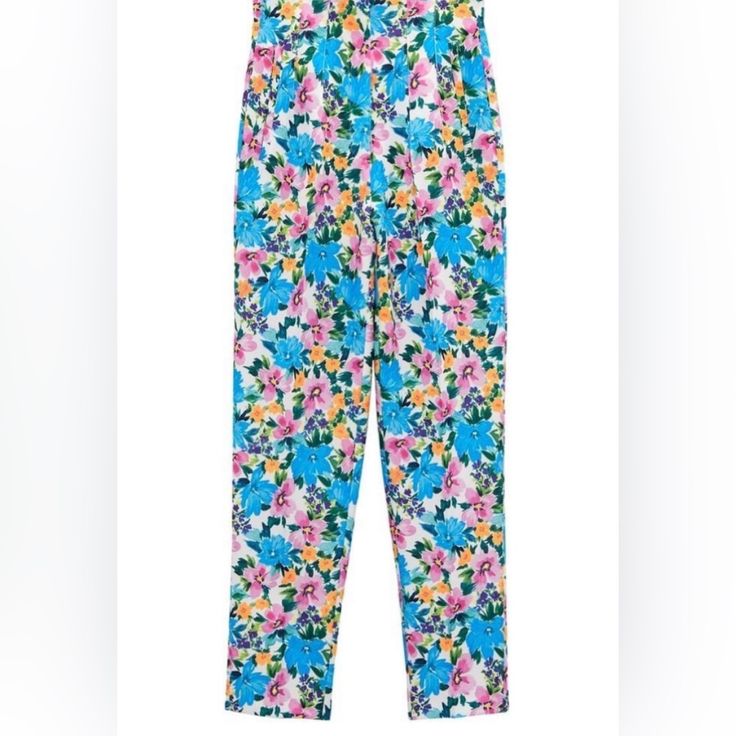 New With Tag Multicolor High-waisted Floral Print Pants, High Waist Multicolor Floral Pants, High Waist Multicolor Floral Print Pants, Casual Multicolor Floral Print Ankle-length Pants, High-waist Multicolor Floral Print Pants, Multicolor Floral Print Ankle-length Pants, Multicolor Ankle-length Pants With Floral Print, Multicolor Ankle-length Floral Print Bottoms, Zara Multicolor Straight Pants