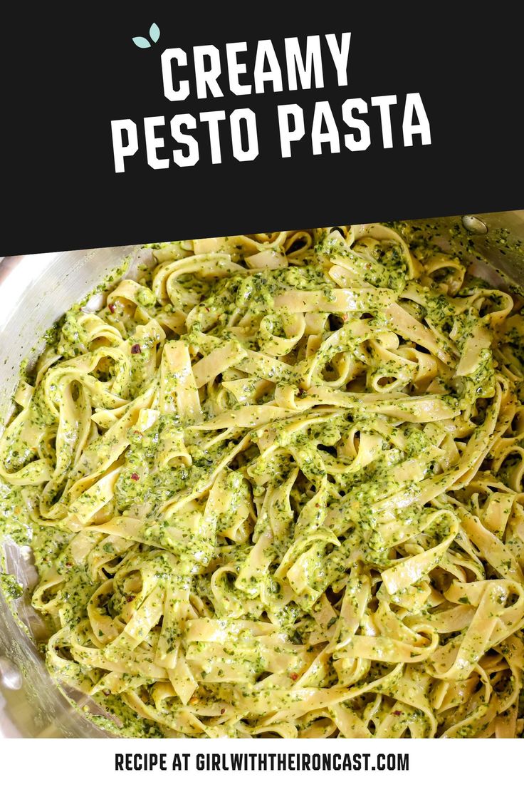 creamy pesto pasta in a pan with text overlay