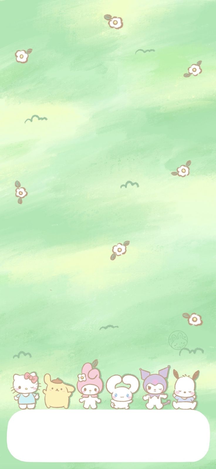 some little animals are standing in front of a green wall with flowers and clouds on it