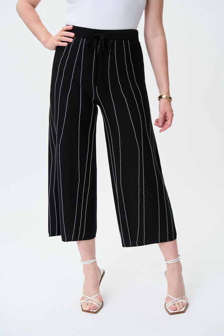 Style: 231939Color:Black/VanillaAbstract Stripe Wide Leg Knit Pants96% Polyester, 4% Spandex