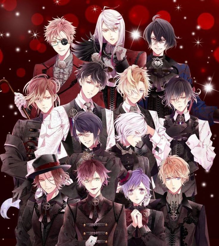 an anime group with black hair and white hair, all dressed up in black clothes